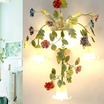 Traditional Farmhouse Iron Ceramic Glass Rose Floral Decorative 5-Light Wall Sconce Lamp For Living Room And Bedroom