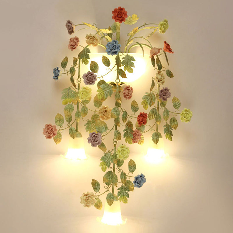 Traditional Farmhouse Iron Ceramic Glass Rose Floral Decorative 5-Light Wall Sconce Lamp For Living Room And Bedroom