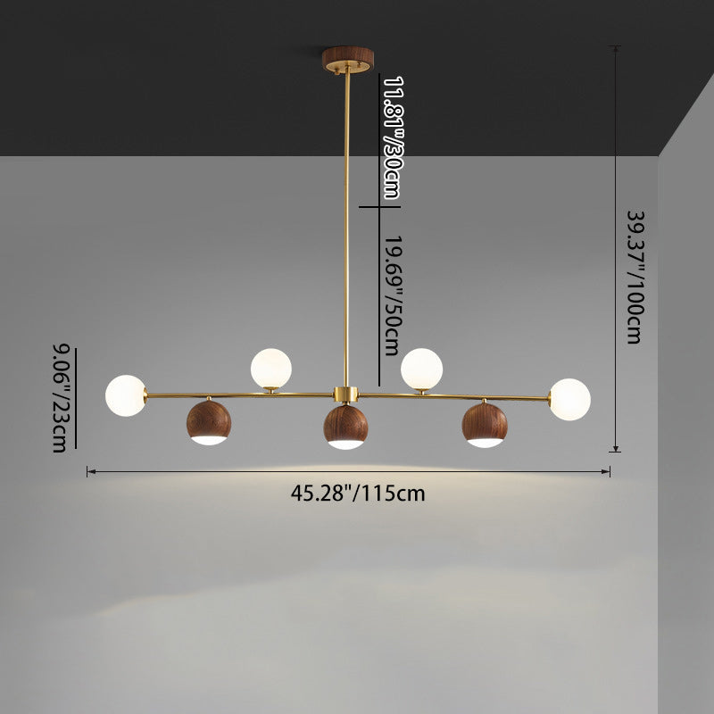 Contemporary Nordic Walnut Brass Glass Ball 4-Light LED Chandelier Island Light For Dining Room