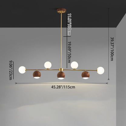 Contemporary Nordic Walnut Brass Glass Ball 4-Light LED Chandelier Island Light For Dining Room