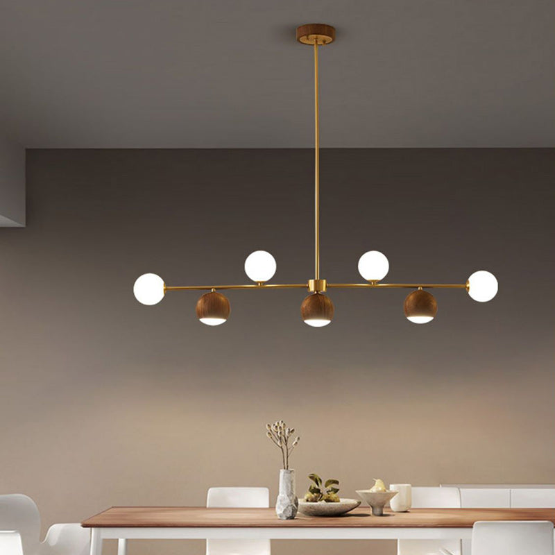 Contemporary Nordic Walnut Brass Glass Ball 4-Light LED Chandelier Island Light For Dining Room