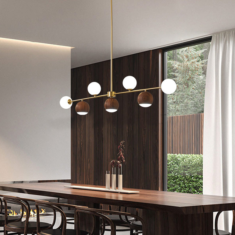 Contemporary Nordic Walnut Brass Glass Ball 4-Light LED Chandelier Island Light For Dining Room