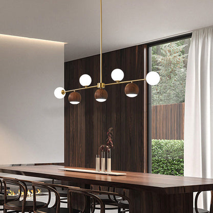 Contemporary Nordic Walnut Brass Glass Ball 4-Light LED Chandelier Island Light For Dining Room