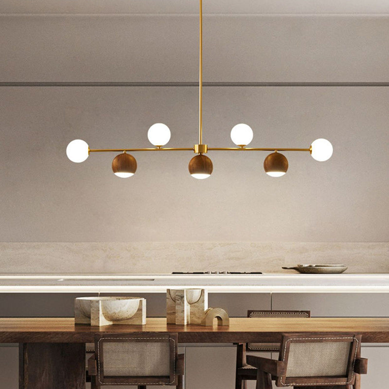 Contemporary Nordic Walnut Brass Glass Ball 4-Light LED Chandelier Island Light For Dining Room