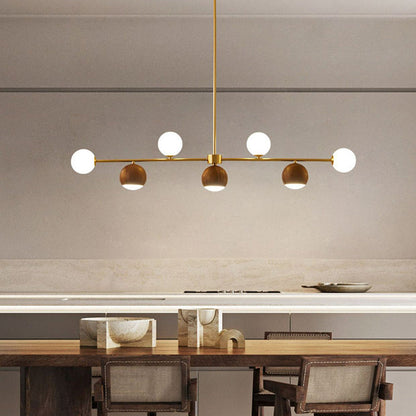 Contemporary Nordic Walnut Brass Glass Ball 4-Light LED Chandelier Island Light For Dining Room