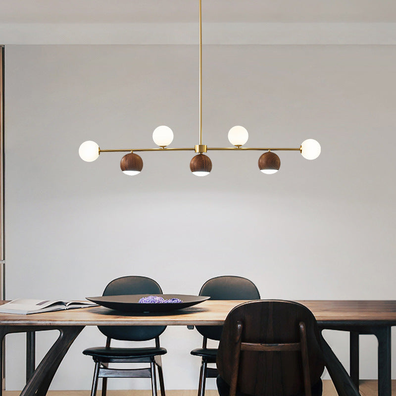 Contemporary Nordic Walnut Brass Glass Ball 4-Light LED Chandelier Island Light For Dining Room