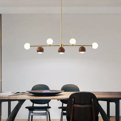 Contemporary Nordic Walnut Brass Glass Ball 4-Light LED Chandelier Island Light For Dining Room