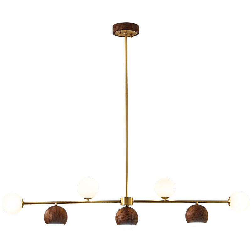 Contemporary Nordic Walnut Brass Glass Ball 4-Light LED Chandelier Island Light For Dining Room