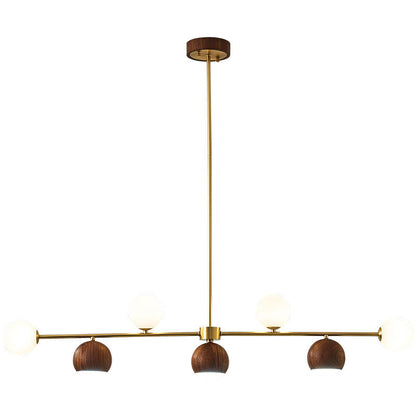 Contemporary Nordic Walnut Brass Glass Ball 4-Light LED Chandelier Island Light For Dining Room