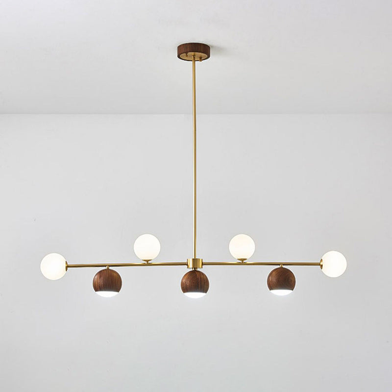 Contemporary Nordic Walnut Brass Glass Ball 4-Light LED Chandelier Island Light For Dining Room