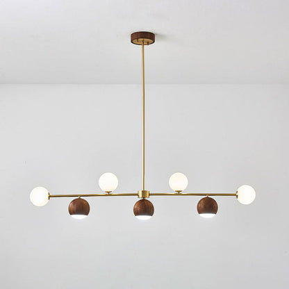 Contemporary Nordic Walnut Brass Glass Ball 4-Light LED Chandelier Island Light For Dining Room