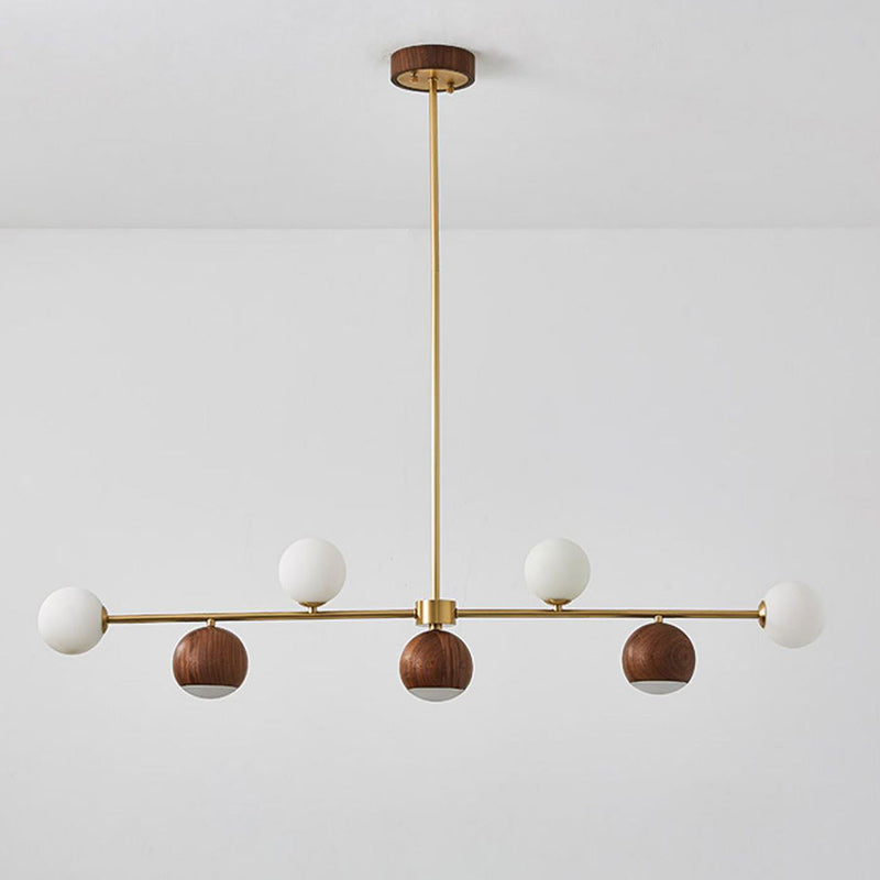 Contemporary Nordic Walnut Brass Glass Ball 4-Light LED Chandelier Island Light For Dining Room