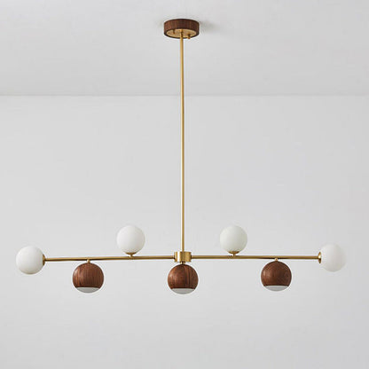Contemporary Nordic Walnut Brass Glass Ball 4-Light LED Chandelier Island Light For Dining Room