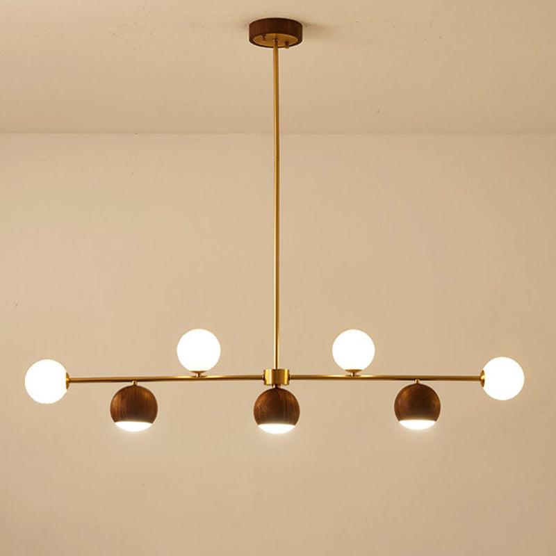 Contemporary Nordic Walnut Brass Glass Ball 4-Light LED Chandelier Island Light For Dining Room