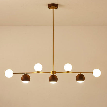 Contemporary Nordic Walnut Brass Glass Ball 4-Light LED Chandelier Island Light For Dining Room