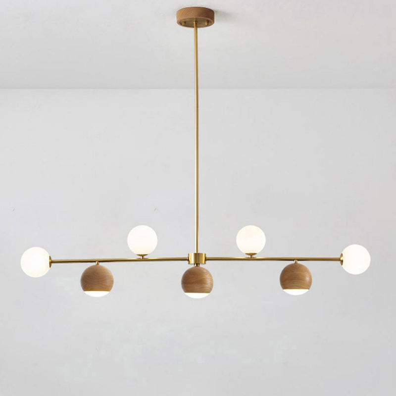 Contemporary Nordic Walnut Brass Glass Ball 4-Light LED Chandelier Island Light For Dining Room