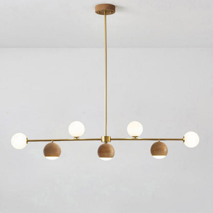 Contemporary Nordic Walnut Brass Glass Ball 4-Light LED Chandelier Island Light For Dining Room