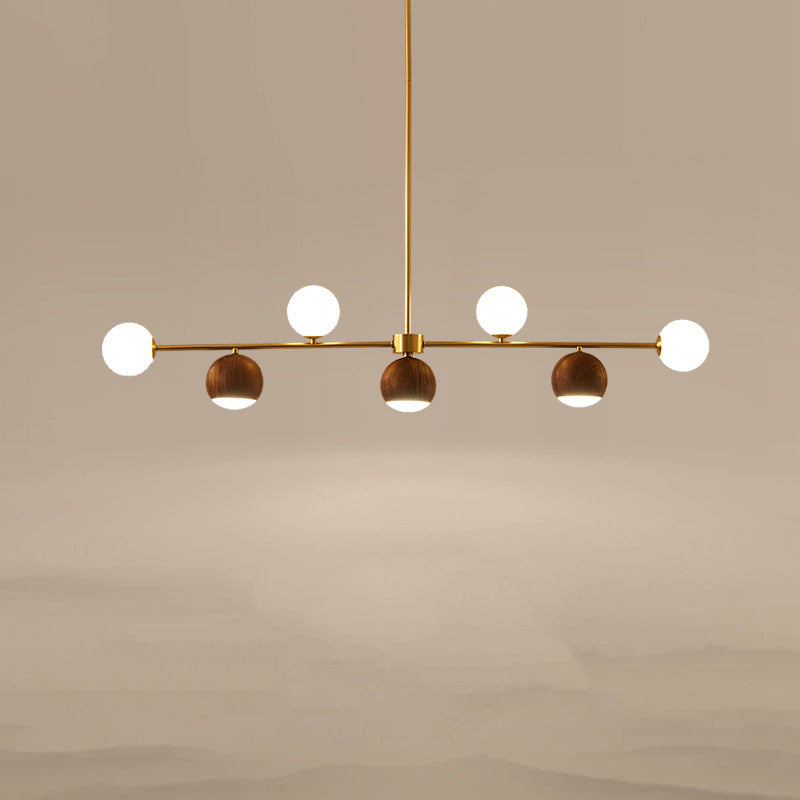 Contemporary Nordic Walnut Brass Glass Ball 4-Light LED Chandelier Island Light For Dining Room