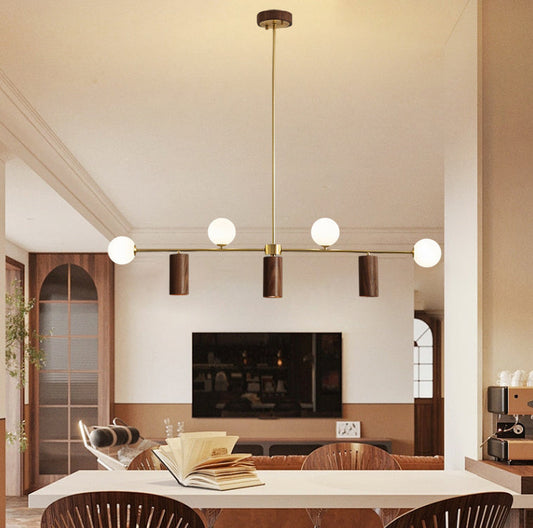 Contemporary Nordic Walnut Brass Glass Ball & Cylinder Spotlight 4-Light LED Chandelier Island Light For Dining Room