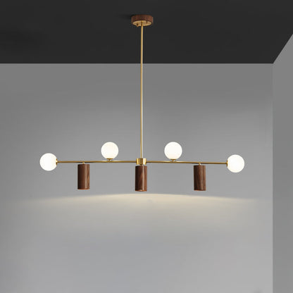 Contemporary Nordic Walnut Brass Glass Ball & Cylinder Spotlight 4-Light LED Chandelier Island Light For Dining Room