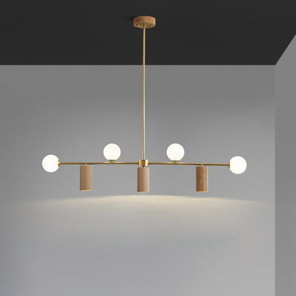 Contemporary Nordic Walnut Brass Glass Ball & Cylinder Spotlight 4-Light LED Chandelier Island Light For Dining Room