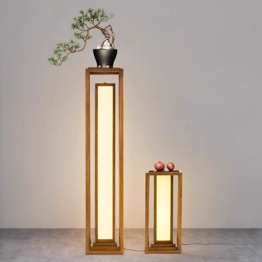 Traditional Japanese Ash Wood Fabric Cuboid LED Floor Lamp For Living Room And Bedroom