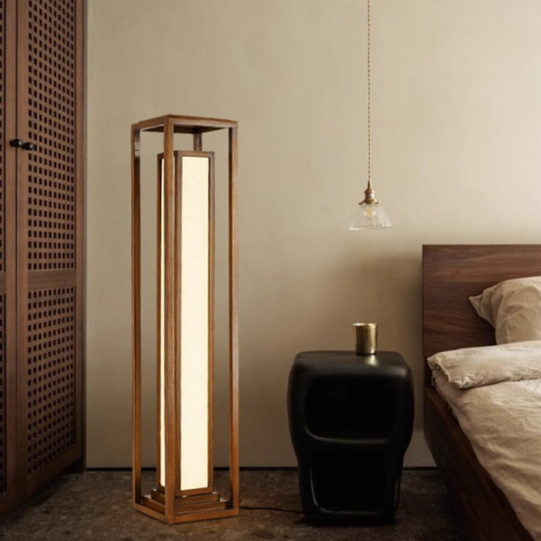 Traditional Japanese Ash Wood Fabric Cuboid LED Floor Lamp For Living Room And Bedroom