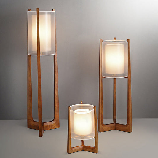 Traditional Japanese Fabric Solid Ash Wood & Brass Cylindrical 1-Light Standing Floor Lamp For Living Room And Bedroom