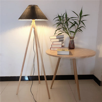 Contemporary Nordic Wood & Fabric Pleated Tripod 1-Light Standing Floor Lamp For Living Room And Bedroom