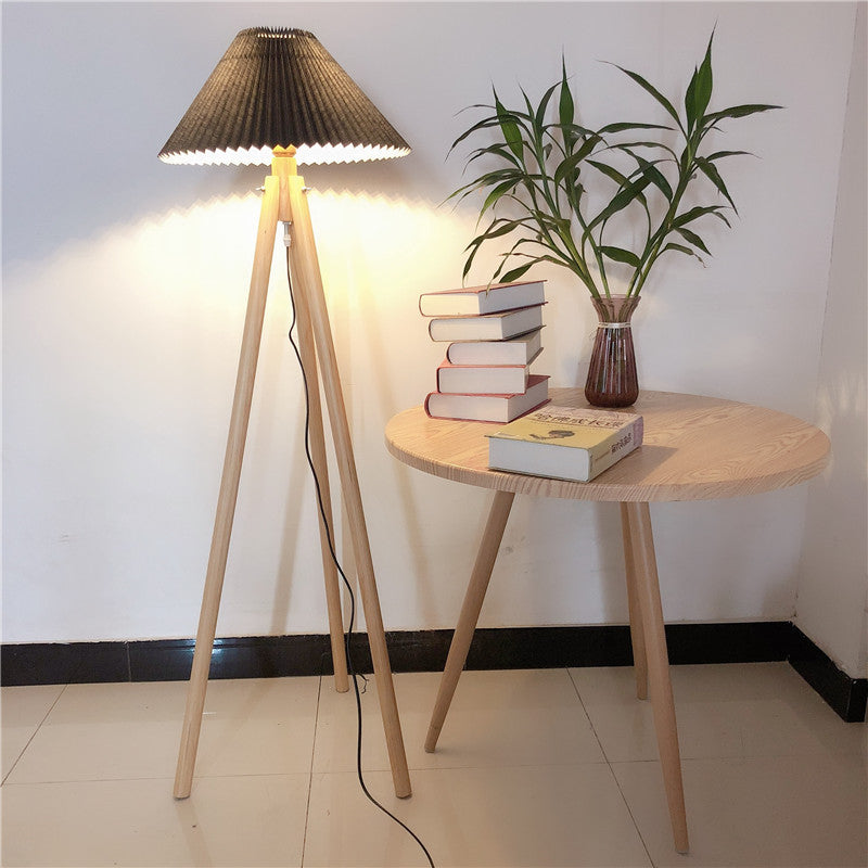Contemporary Nordic Wood & Fabric Pleated Tripod 1-Light Standing Floor Lamp For Living Room And Bedroom
