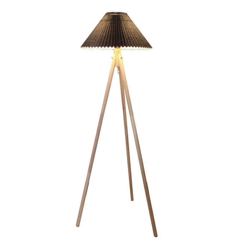 Contemporary Nordic Wood & Fabric Pleated Tripod 1-Light Standing Floor Lamp For Living Room And Bedroom