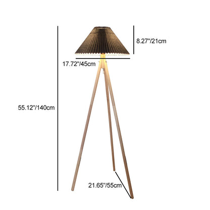 Contemporary Nordic Wood & Fabric Pleated Tripod 1-Light Standing Floor Lamp For Living Room And Bedroom