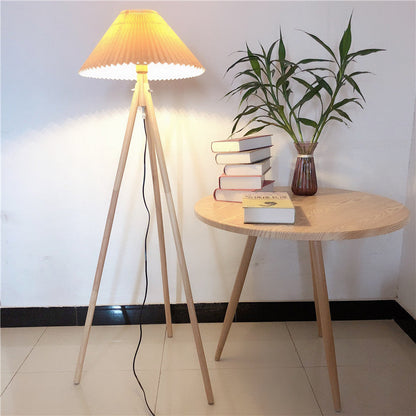Contemporary Nordic Wood & Fabric Pleated Tripod 1-Light Standing Floor Lamp For Living Room And Bedroom