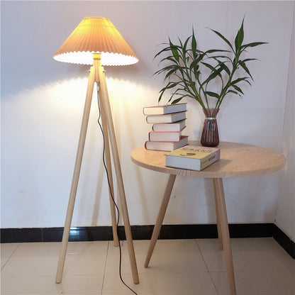 Contemporary Nordic Wood & Fabric Pleated Tripod 1-Light Standing Floor Lamp For Living Room And Bedroom