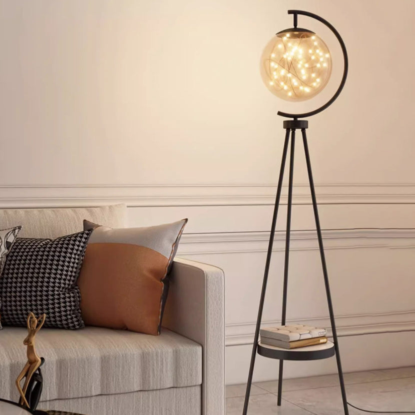 Contemporary Nordic Glass & Metal Starry Globe LED Standing Floor Lamp With Shelf For Living Room And Bedroom