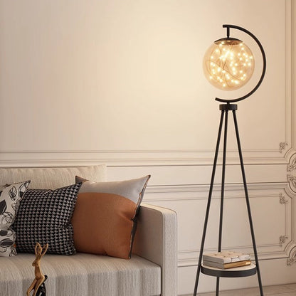 Contemporary Nordic Glass & Metal Starry Globe LED Standing Floor Lamp With Shelf For Living Room And Bedroom
