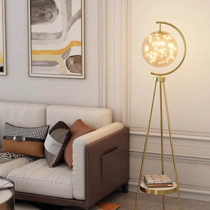 Contemporary Nordic Glass & Metal Starry Globe LED Standing Floor Lamp With Shelf For Living Room And Bedroom