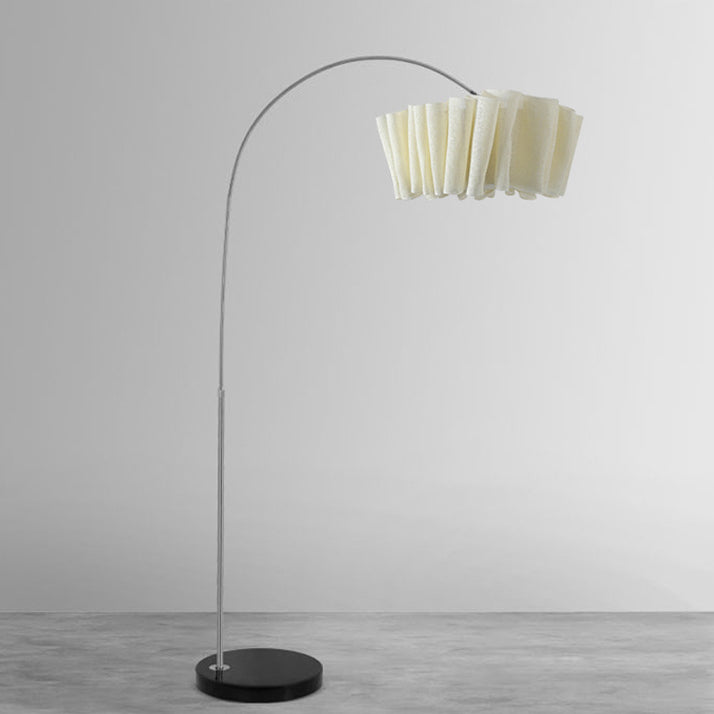 Traditional Japanese Marble Fabric & Metal Pleated 1-Light Standing Floor Lamp For Living Room And Bedroom