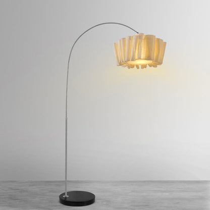 Traditional Japanese Marble Fabric & Metal Pleated 1-Light Standing Floor Lamp For Living Room And Bedroom