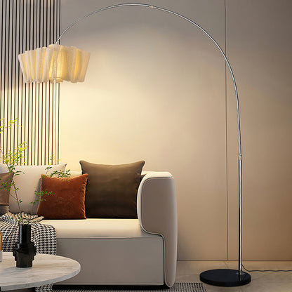 Traditional Japanese Marble Fabric & Metal Pleated 1-Light Standing Floor Lamp For Living Room And Bedroom