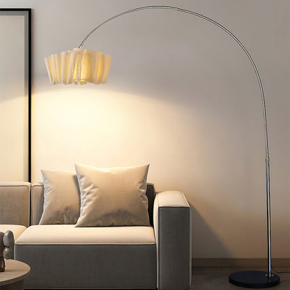 Traditional Japanese Marble Fabric & Metal Pleated 1-Light Standing Floor Lamp For Living Room And Bedroom