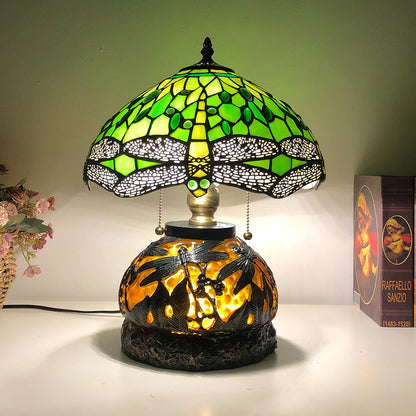 Traditional Tiffany Glass & Resin Dragonfly 3-Light Table Lamp For Living Room And Bedroom
