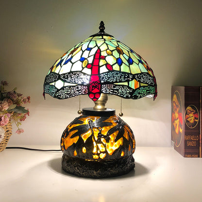 Traditional Tiffany Glass & Resin Dragonfly 3-Light Table Lamp For Living Room And Bedroom