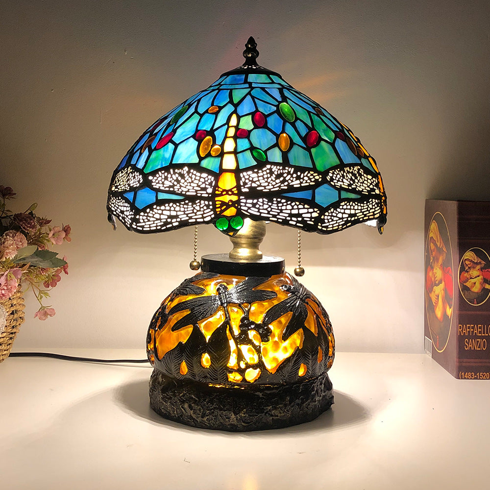 Traditional Tiffany Glass & Resin Dragonfly 3-Light Table Lamp For Living Room And Bedroom