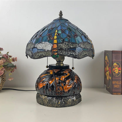 Traditional Tiffany Glass & Resin Dragonfly 3-Light Table Lamp For Living Room And Bedroom