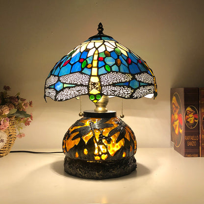 Traditional Tiffany Glass & Resin Dragonfly 3-Light Table Lamp For Living Room And Bedroom