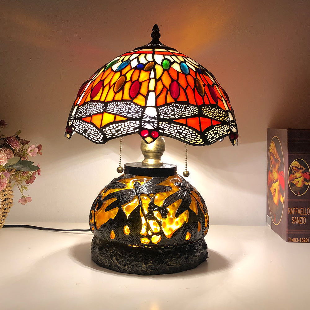 Traditional Tiffany Glass & Resin Dragonfly 3-Light Table Lamp For Living Room And Bedroom