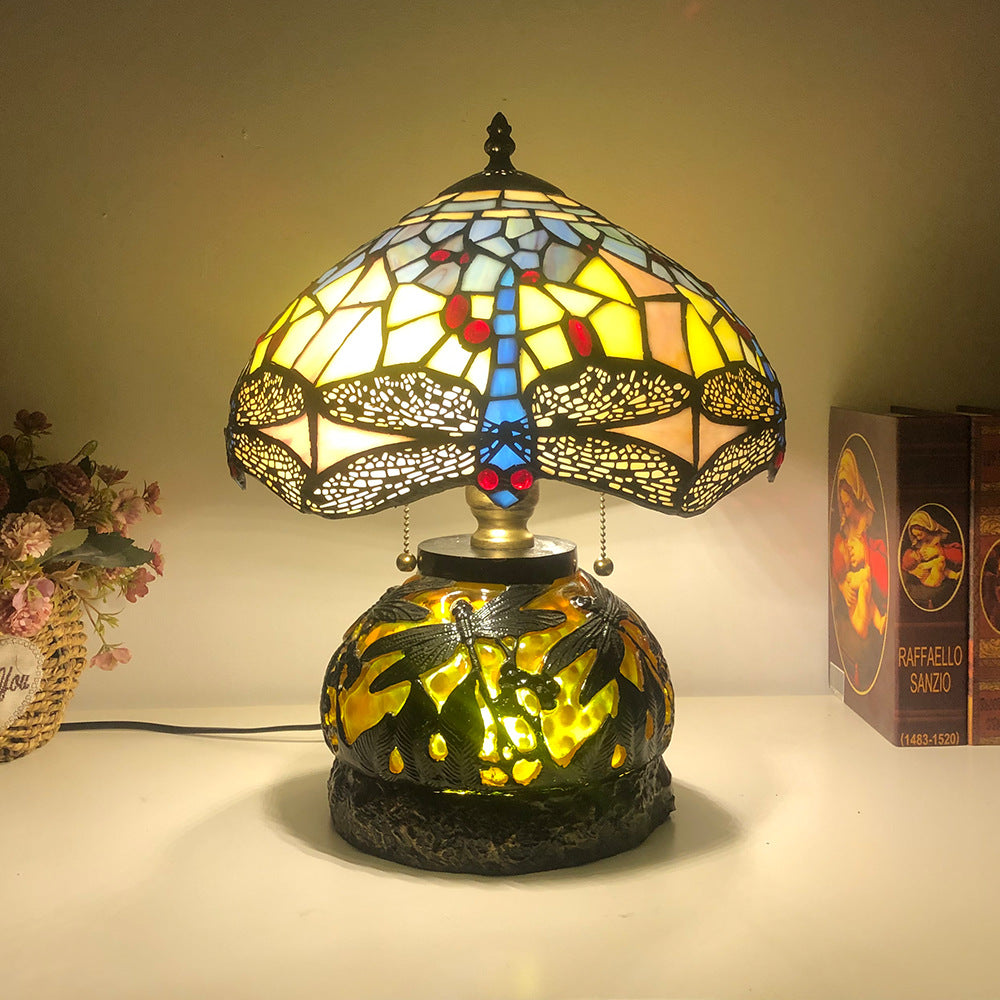 Traditional Tiffany Glass & Resin Dragonfly 3-Light Table Lamp For Living Room And Bedroom