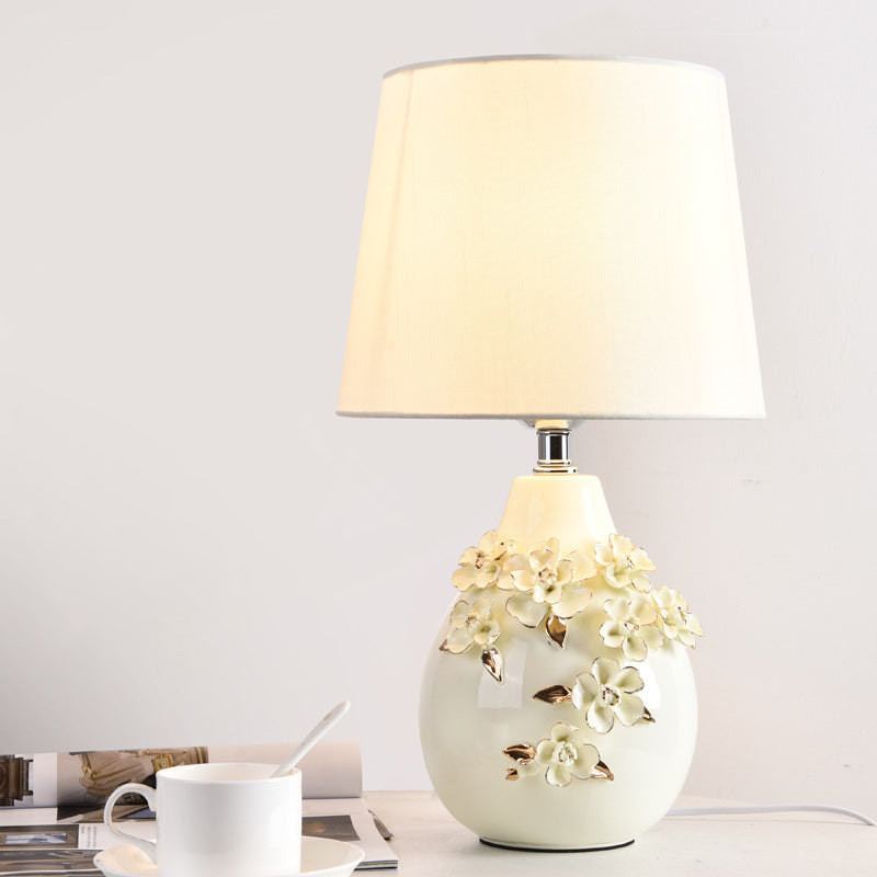 Contemporary Nordic Ceramic Fabric Floral Column 1-Light Table Lamp For Bedroom And Living Room