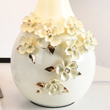 Contemporary Nordic Ceramic Fabric Floral Column 1-Light Table Lamp For Bedroom And Living Room